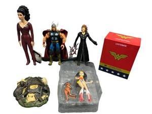 lot 191 image: Action Figures Lot including 1994 Counselor Deanna Troi Star Trek Next Gen, Disney Kingdom Hearts Axel, Mavel Legends Thor, and More