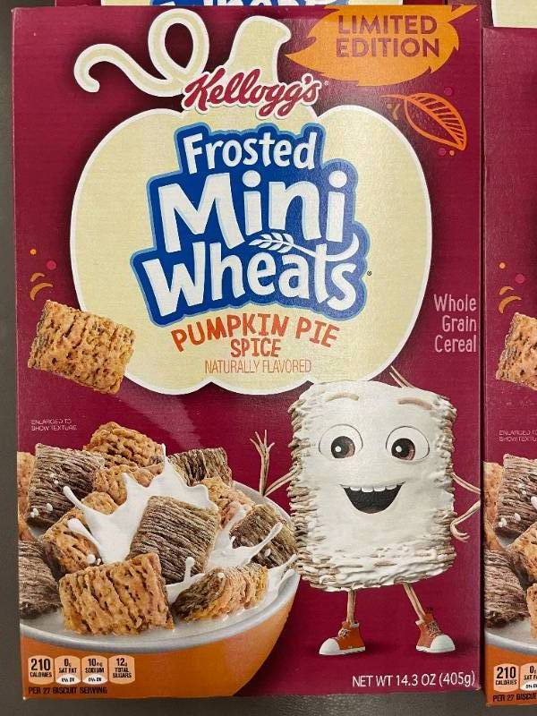 lot 32 image: Lot of 6 Kelloggs Frosted Mini-Wheats Pumpkin Pie Spice Cereal - Limited Edition