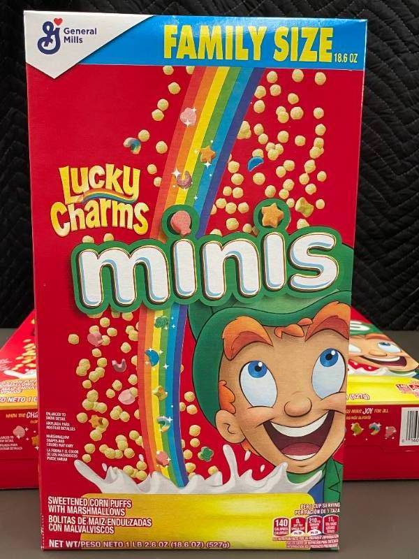 lot 38 image: General Mills Lucky Charms Minis Family Size Cereal (18.6 oz) - 3 Pack