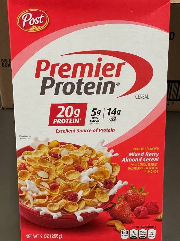 lot 124 image: Post Premier Protein Mixed Berry Almond Cereal 8 Boxes