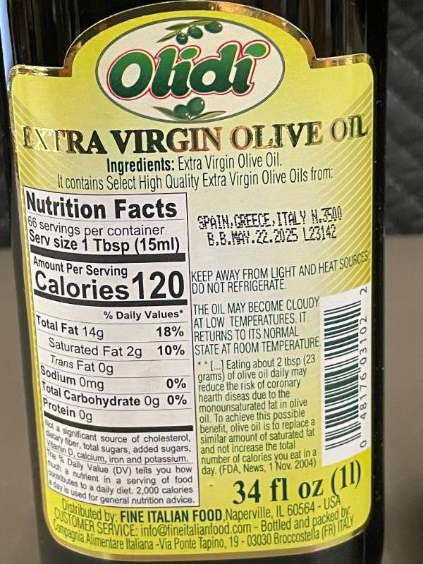 lot 142 image: Olidi Extra Virgin Olive Oil 34fl oz (1L) - 2 Bottles