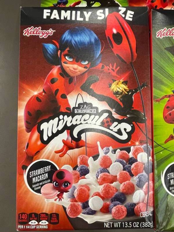 lot 210 image: Lot of 4 Kelloggs Miraculous Strawberry Macaron Cereal Family Size