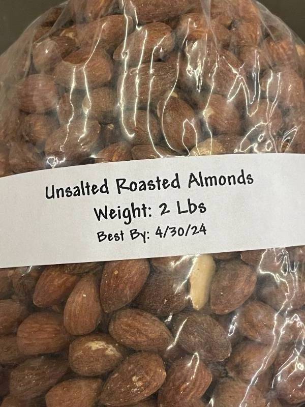 lot 380 image: Lot of 2 Bags of Unsalted Roasted Almonds, 2 lbs Each