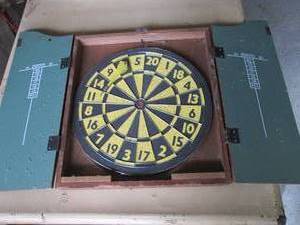 lot 16 image: Vintage Wood Encased Dart Board wit...