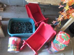 lot 75 image: Holiday Lights, Tins and Wooden sle...