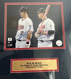 lot 3 image: Joe Mauer and Justin Morneau Signed and Framed and Matted Photos 29x20 - With Global Authentics COA - Minnesota Twins Baseball