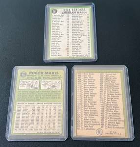 lot 42D image: 1967 Topps Baseball 3 Card Vintage Star Lot #361 Roberto Clemete Unmarked Checklist, #45 Roger Maris (Poor), #241 AL RBI Leaders Killebrew, Robinson, Powell