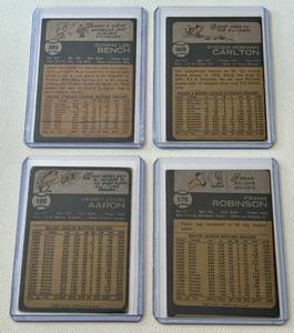 lot 46D image: 1973 Topps Baseball 4 Card Vintage Star Lot - #100 Hank Aaron (Poor), #175 Frank Robinson (MC), #300 Steve Carlton, #380 Johnny Bench (Poor)