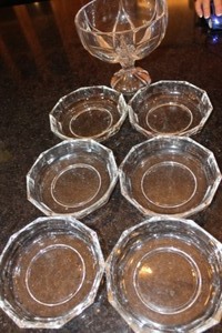 lot 41 image: Set of 6 Dessert Plates and Crystal Footed Pedestal Bowl