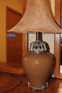 lot 69 image: Crackled Glazed Ceramic Lamp with Suede Shade