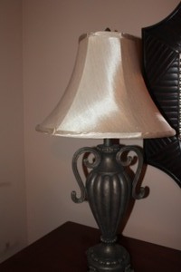 lot 83 image: Lot of Metal Lamp with Satin Shade and Tulip Vase