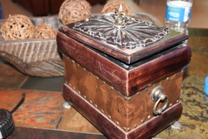 lot 93 image: Ornate Wood and Metal Storage Box