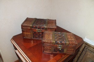 lot 75 image: Set of 2 Woven Rattan Boxes with Brass Accents