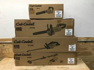 lot 1 image: New Cub Cadet Combo Lot Of 4  lawn tools WITH battery and charger - CS16E CORDLESS 60V MAX CHAINSAW ,LB600E 60V CORDLESS LEAF BLOWER, HT24E CORDLESS 60 VOLT MAX HEDGE TRIMMER And ST15E CORDLESS 60 VOLT MAX STRING TRIMMER