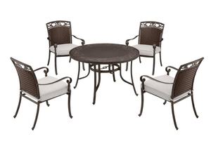 lot 1A image: HOME DECORATORS COLLECTION Wilshire Heights 5-Piece Cast and Woven Back All Aluminum Outdoor Dining Set with Acrylic Cushion in Sand Dune