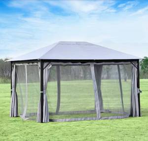 lot 80 image: OUTSUNNY 10 ft. x 13 ft. Grey Aluminum Soft-Top Outdoor Patio Gazebo with 4 Removeable Netting Sidewalls