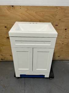 lot 129 image: GLACIER BAY Everdean 25 in. W x 19 in. D x 34 in. H Single Sink Freestanding Bath Vanity in White with White Cultured Marble Top