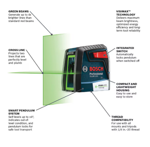 lot 140 image: Bosch Green 40-ft Self-Leveling Indoor Cross Beam Cross-line Laser Level Model # GLL40-20G 06192450