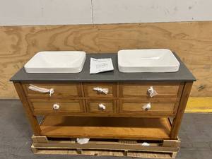 lot 3A image: HOME DECORATORS COLLECTION 60 in. W x 22 in. D x 34.5 in. H Double Sink Freestanding Bath Vanity in Reclaimed Wood with Grey Engineered Stone Top