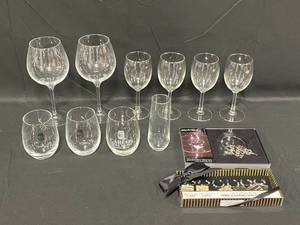 lot 34 image: Excellent Condition Wine Glasses - Various Sizes. Stemless Champagne Flute and Fun Wine Glass Charms