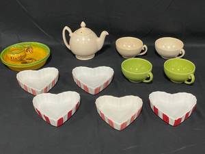lot 37 image: Ceramic and Pottery Kitchenware and Decor inc. 5 Heart Dishes, 2 Green and 2 Beige Tea Cups, Beige Tea Pot, and Olive Dish