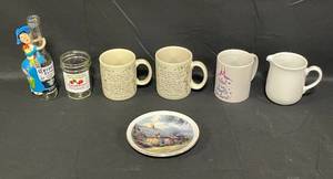 lot 38 image: Souvenir Mexico Corona Bottle, Decorative Collector Plate and Various MugsJars