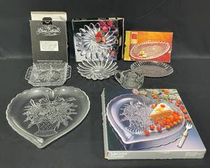 lot 40 image: Beautiful Crystal Glass Dishes and Creamer inc. Mikasa Heart Platter 12.5, Solaris Plate 8.25, The Irena Collection 8.5 Relish Dish, Trellis 8.5 Oval Plate - Excellent Condition