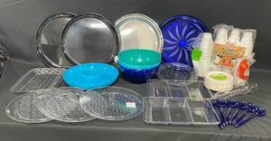 lot 43 image: Excellent Condition Hard PlasticOutdoor Serving Trays, Bowls, Platters and Utensils. Disposable Cups and Plates, too