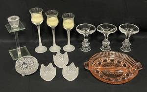 lot 46 image: Crystal Glass and Frosted Glass Tea Light Holders and Candle Stick Holders. Pink Glass Tray and Crystal Glass Trinket Dish, too