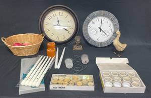 lot 48 image: 2 Wall Clocks (untested), Duck Decor, Various Tealight Candles, Candle Sticks, Basket, Artificial Apples, and More