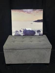 lot 52 image: Gray Ottoman w Storage and Coastal Wall Art