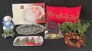 lot 54 image: Excellent Condition Holiday Decor inc. Stunning Mikasa Crystal Platter, Snowman Decor, Lumbar Pillow, Table Linens and More