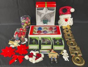 lot 55 image: Large Variety of Holiday Ornaments, VTG and Modern, Silver Tree Topper in Box, Santa Wall Hanging Decor - Great Condition