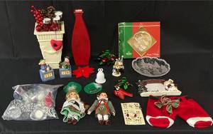 lot 56 image: Beautiful VTG Holiday Home Decor inc Block Crystal Snow Village 9.5 Sweet Dish, Picture Frame, Bell, VTG Dolls, Snowman Countdowns, Candle Stick Holders and More Excellent Condition