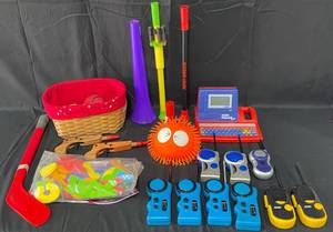 lot 61 image: Various Childrens Toys inc. Walkie Talkies (untested), Foam Letters, Talking Wiz Kid Plus (untested), Plastic Floor Hockey Stick and More