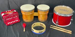 lot 63 image: Lot of Toy Instruments inc. Bongos, Drumsticks, Tamborine (missing piece), Accordion