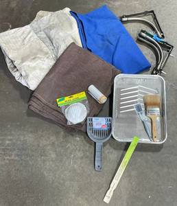 lot 68 image: Paint Supplies inc Drop Cloths, Brush, Metal Tray, Brackets and other prep supplies.