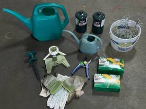 lot 69 image: Gardening Tools inc. Watering Cans, Root Feeder Refills, Sprinklers, Gardening Gloves and More