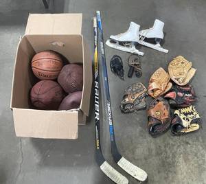 lot 71 image: Sporting Goods inc. Hockey Sticks, Baseball Gloves, Figure Skates Sz 8, 3 Basketballs and a Football