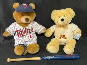 lot 79 image: MN Twins and MN Gophers Stuffed Teddy Bears and MN Twins Small Souvenir Bat
