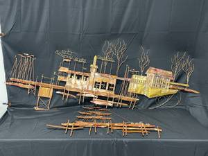 lot 113 image: Brass Copper Metal Wall Art - Shipyard Scene