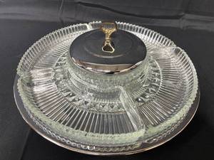 lot 99 image: VTG 4 Dish ServingVegetable Tray w Dip Container w Silver Tone Lid & Handle on Lazy Susan