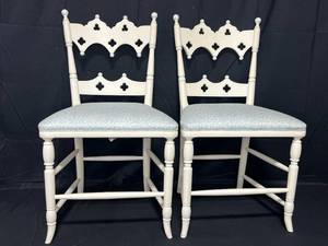 lot 103 image: Pair of Gabberts White Wooden Chairs w Blue Trim Highlights & Blue Fabric Floral Seats - have been Scoth Guarded