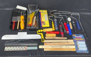 lot 135 image: Lot of Paint and Spackle Supplies inc. Various Roller Handles, Foam Brushes, Rollers, Stir Sticks, Pad Painter, Puddy Spatulas and Tools and More
