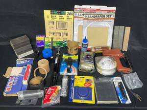 lot 136 image: Various Handheld Sanding Blocks, Sanding Sheets, 2 KN95 Masks, Bag of Steel Wool, Sisal 300ft, Shims and Other Home Improvement Items