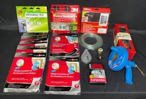 lot 137 image: Various Window Insulation Kits (most unopened), Insulating Film, Foot Pump, Digital Propane Tank Scale, Straight Line Chalk Reel, and More