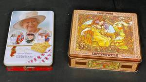 lot 143 image: VTG 1953 Elizabeth II Coronation Sweets Tin and VTG Lu Lefecre-Utile Autumn Biscuit Tin
