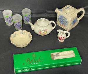 lot 144 image: VTG Belleek CakePie Server - Shamrock Pattern, VTG Crown Dorset Teapot and Delfts Cream Pitcher, 3 VTG Frosted Glass Floral Juice Glasses and VTG Kernewek Cornwall ENG Teapot and Saucer