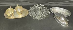 lot 145 image: Silver (2640) William Rogers Sugar and Creamer w Tray Set, VTG MCM Chrome Plated Butter Dish and Silver Tone and Crystal Glass Serving Tray