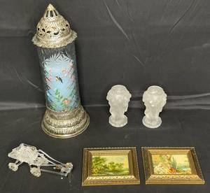 lot 146 image: VTG Blown Spun Glass Stage Coach, 2 VTG 6x5 Picture Frames, Pair of Art Deco Frosted Glass Vases and Silver Tone and Etched Glass Candle Holder w Beautiful Blue FloralBird Themed Pilar Candle